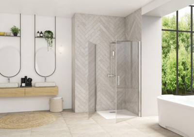 Paroi de douche Smart Design angle porte pivotante sans seuil XXL profilé chromé verre transparent 140 cm KINEDO