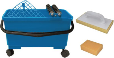 Kit de nettoyage avec un seau 25 l avec roulette + éponge absorbante + taloche éponge 28 x 14 cm NOVIPRO